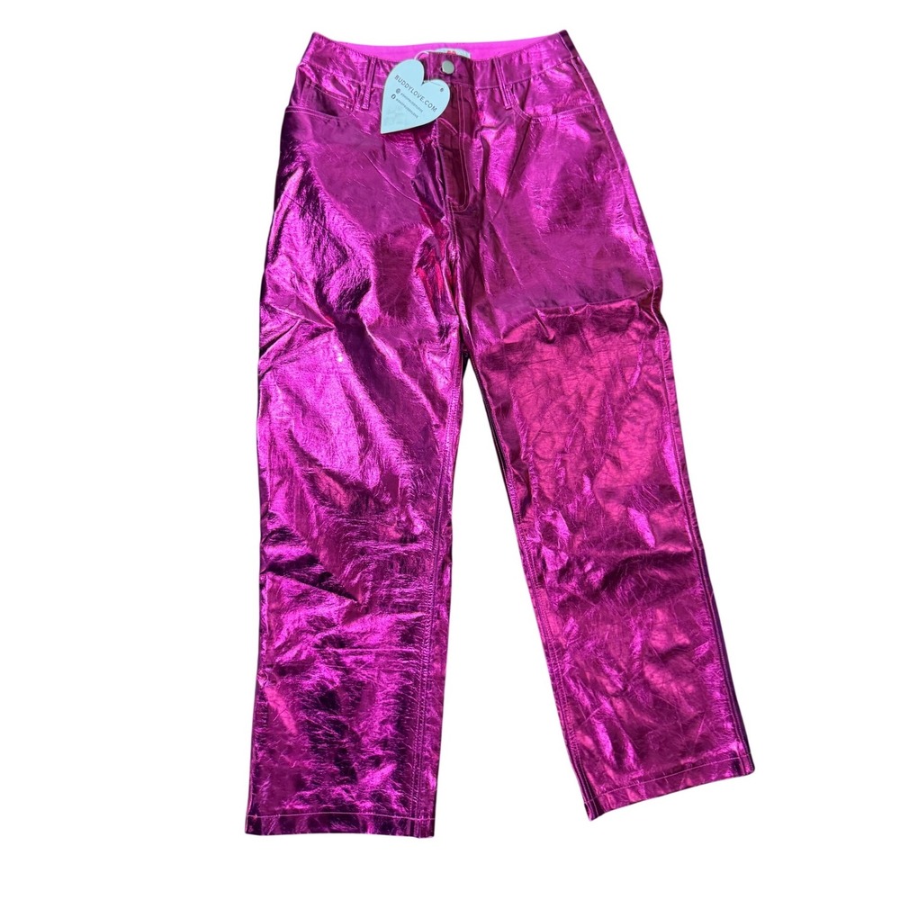 BuddyLove Travolta Metallic Pants 28 Electric Pink NWT High Rise Straight Leg
